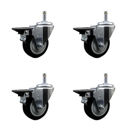 Service Caster 3.5'' Black Poly Swivel 7/16'' Grip Ring Stem Caster Set with Brake, 4PK SCC-GR20S3514-PPUB-BLK-PLB-716138-4